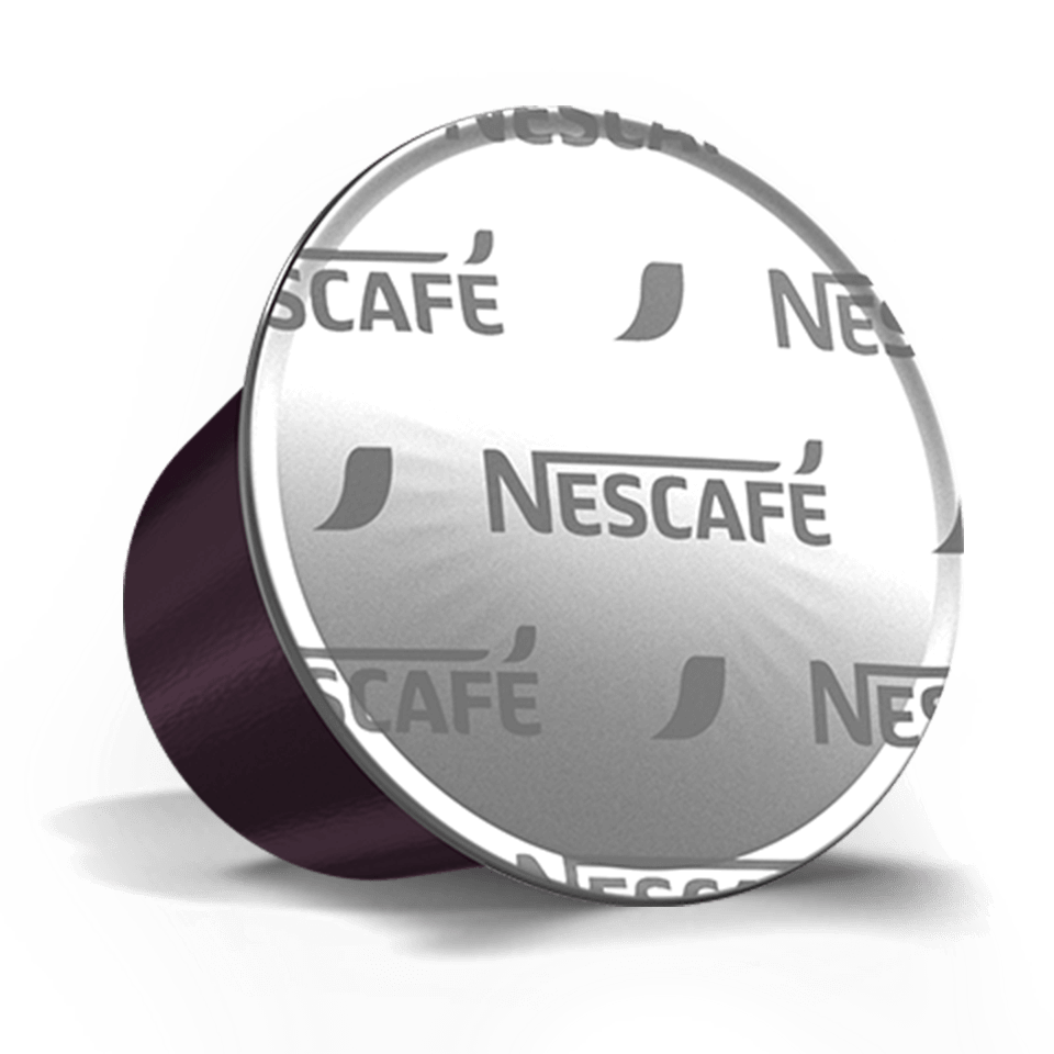 Nescafe kávékapszula. Sötétlila, ezüst tetejű és Nescafe márkajelzéssel.