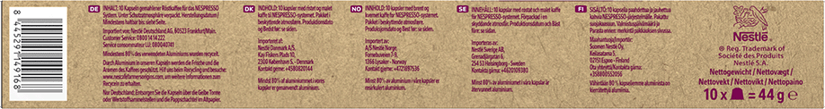 Egy doboz Nespresso kapszula, több nyelven felirattal.
