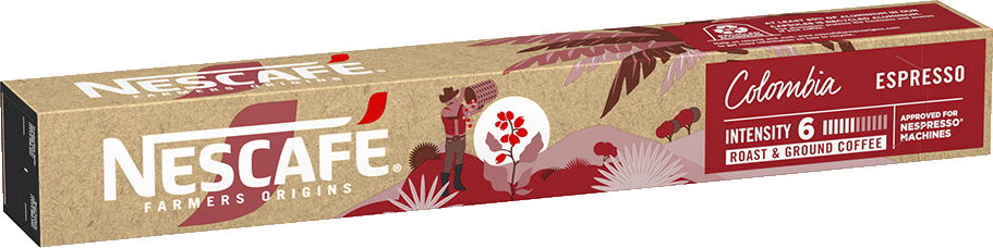 Kávés doboz: Nescafe Farmers Origins, piros és barna színek, kávészemek és pálmafa illusztrációkkal.
