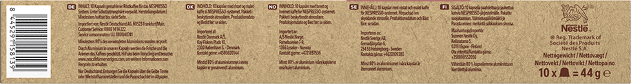 Hosszú téglalap alakú doboz több nyelven szöveggel, kávé információkat mutatva.