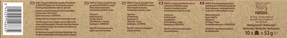 Nespresso kapszulás doboz hátulja. Szöveg több nyelven, logó a sarokban.