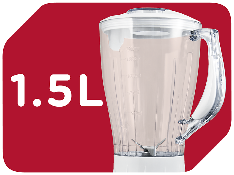 Turmixgép kancsója. 1,5 l-ig jelzi a kapacitást piros háttéren.