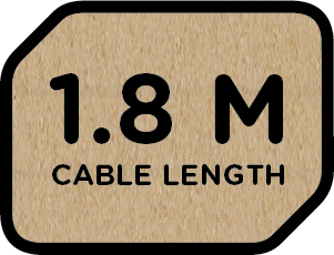 Egy barna címke fekete szöveggel: 1,8 M KÁBELHOSSZ.