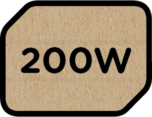 Egy barna téglalap, fekete "200W" szöveggel. A téglalap lekerekített sarkokkal rendelkezik.