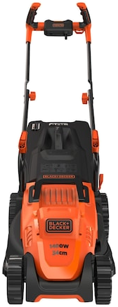 Egy narancssárga és fekete Black+Decker fűnyíró, elölnézet.