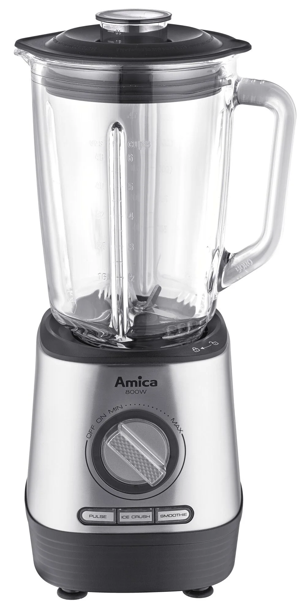 Srebrny blender ze szklanym dzbankiem. Blender ma przyciski do różnych funkcji.
