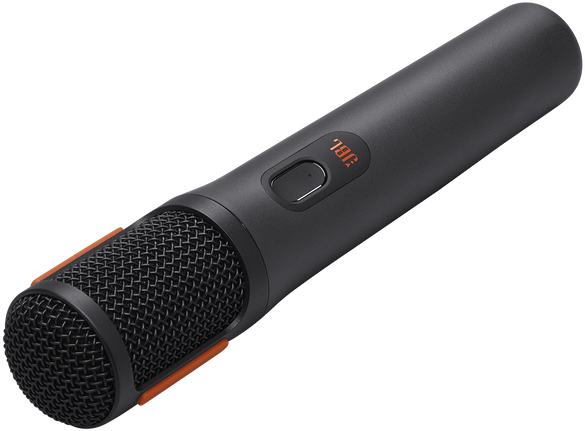 Fekete JBL mikrofon narancssárga díszítéssel és fekete hálós fejjel.