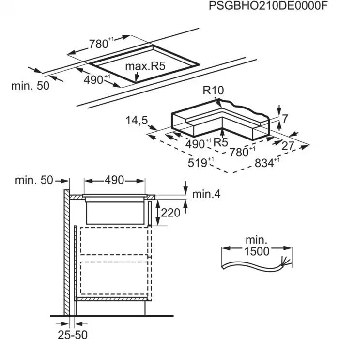 Konyhai készülék diagramja, méretekkel és tervezési specifikációkkal.