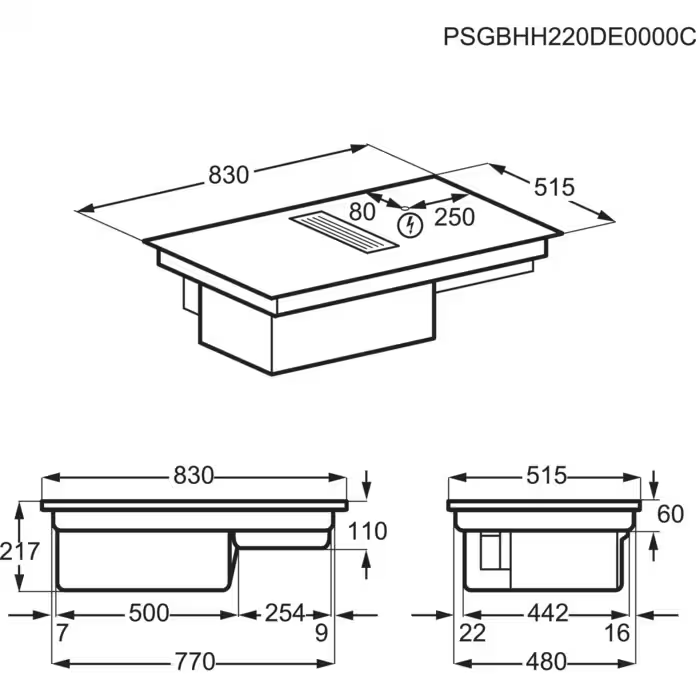 Konyhai készülék diagramja, milliméteres méretekkel.