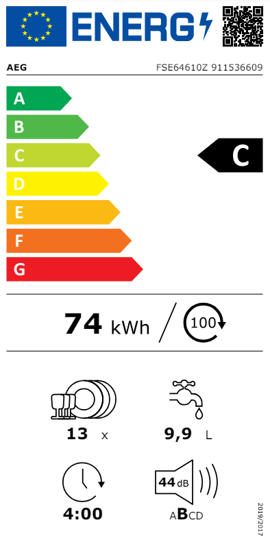 Energia címke mosogatógéphez. Megjeleníti az energiahatékonyságot, a víz- és időhasználatot.