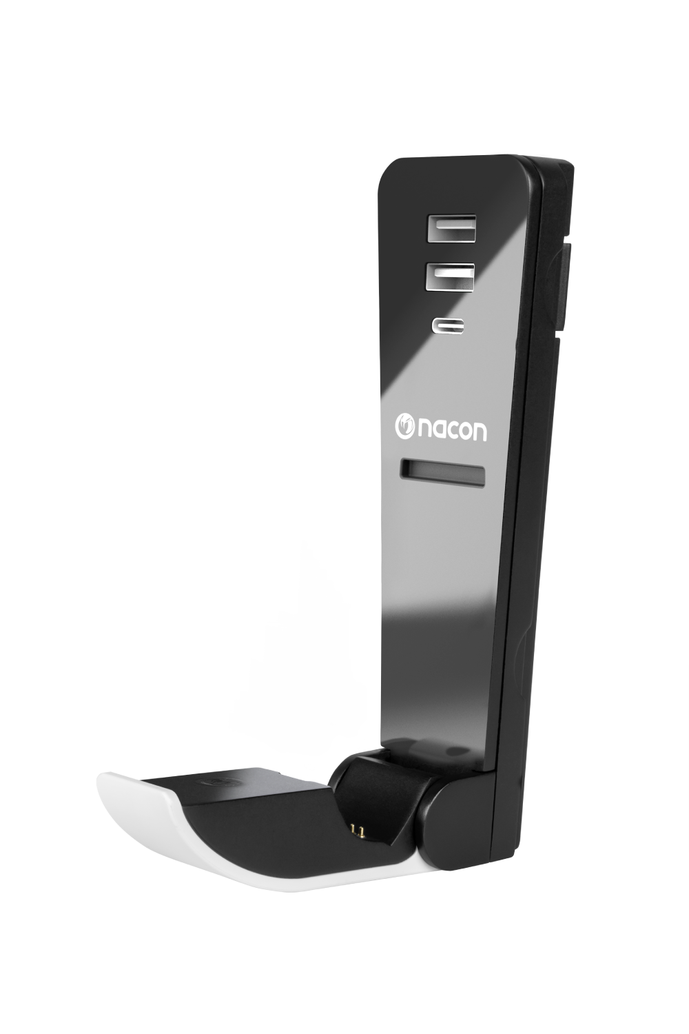 Un soporte para auriculares blanco y negro con puertos USB, sobre un fondo blanco.