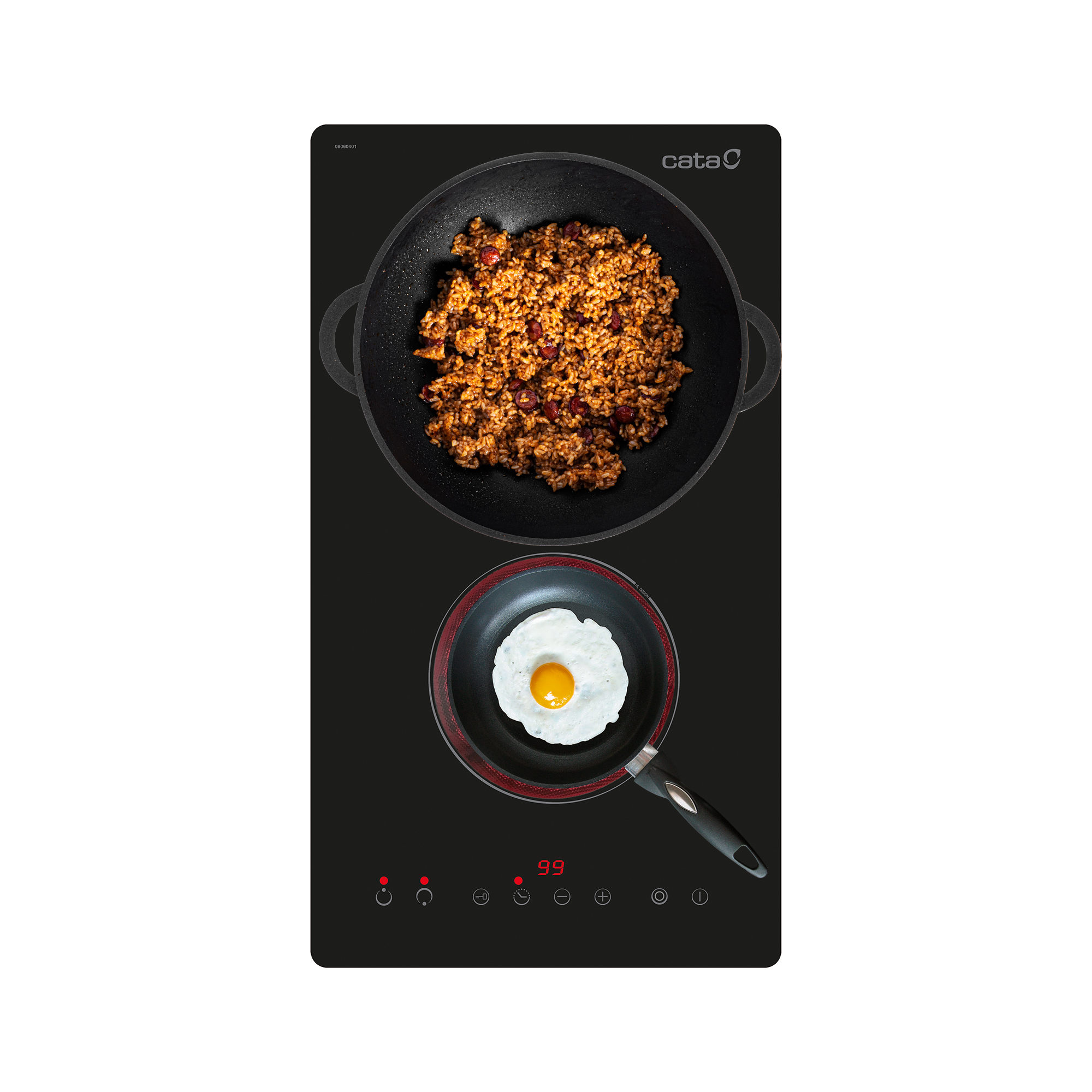 Placa de inducción con dos sartenes, una con comida y otra con un huevo frito.