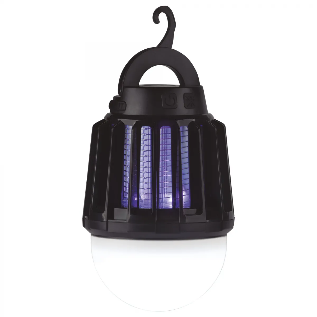 Un matamoscas colgante negro con luz morada sobre un fondo blanco.