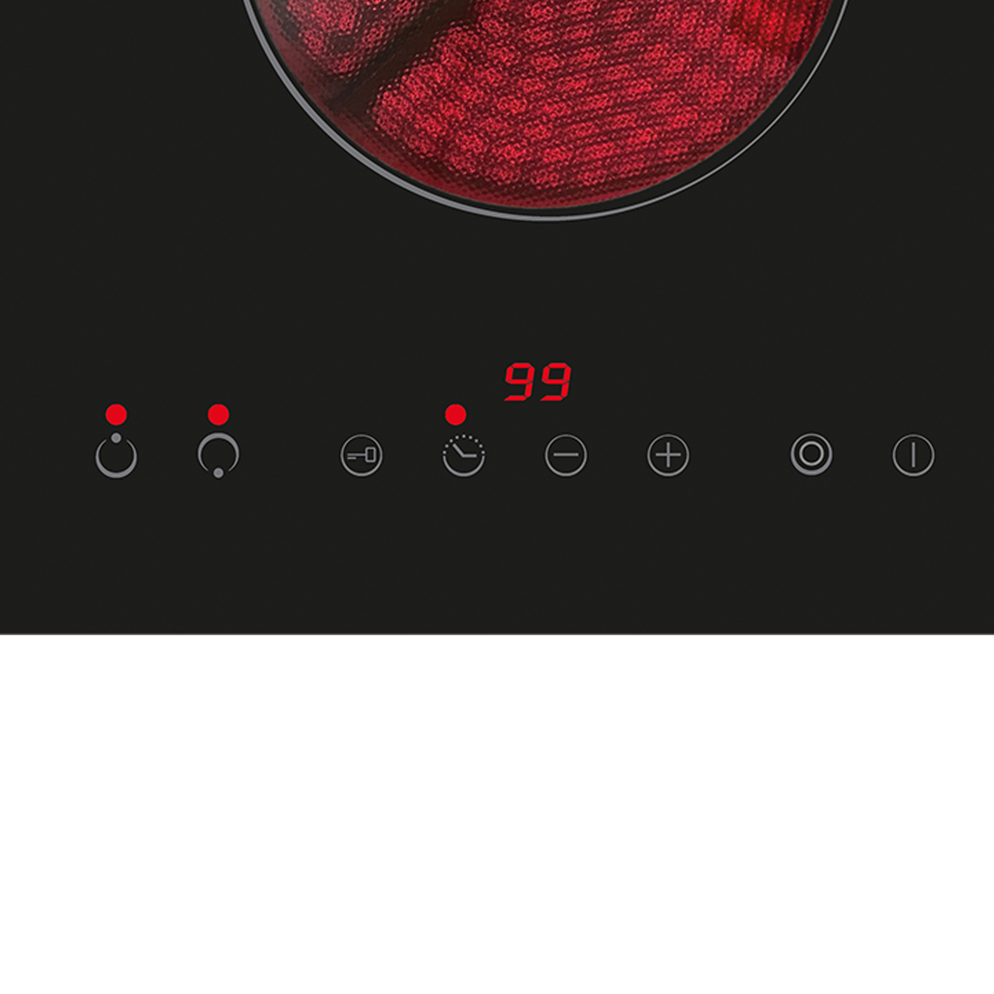 Placa de inducción negra con zona de cocción roja y panel de control digital.