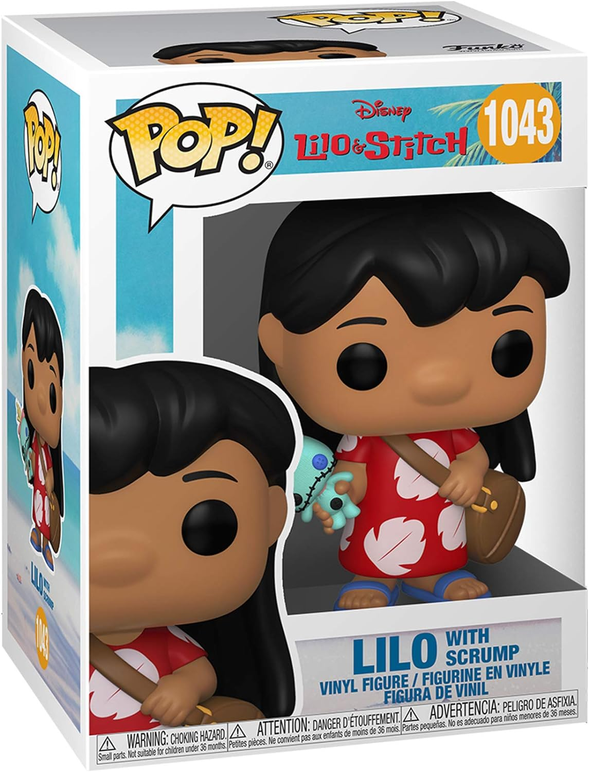 Figura Funko Pop de Lilo & Stitch en caja. Lilo sostiene una muñeca. Caja muestra Lilo & Stitch en playa.