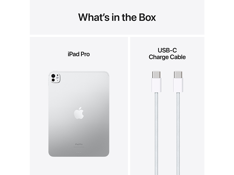 Egy ezüst iPad Pro és egy fehér USB-C töltőkábel fehér háttéren.