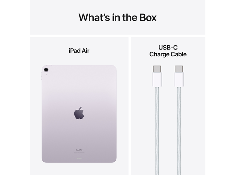 iPad Air és USB-C töltőkábel, a 'Mi van a dobozban' felirattal.