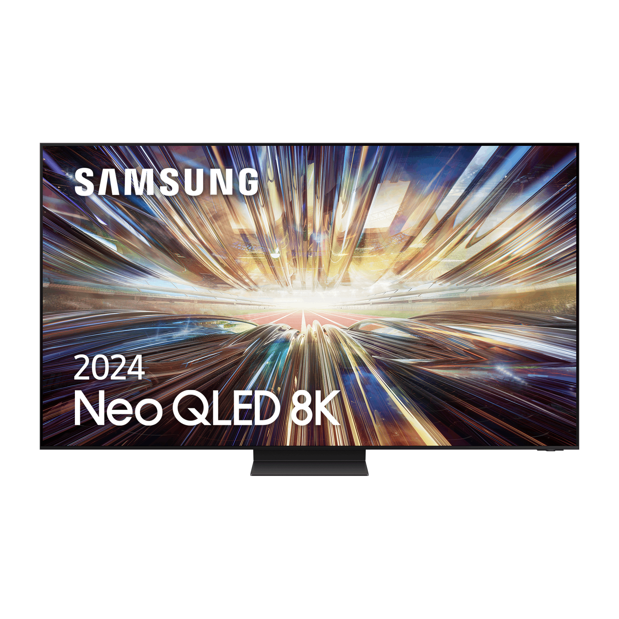 Pantalla de TV grande con 'SAMSUNG' y '2024 Neo QLED 8K' mostrados.