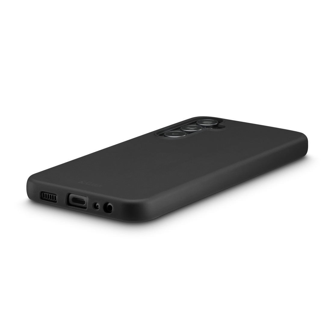 Eine schwarze Smartphone-Hülle liegt flach auf einer weißen Oberfläche, von oben betrachtet.