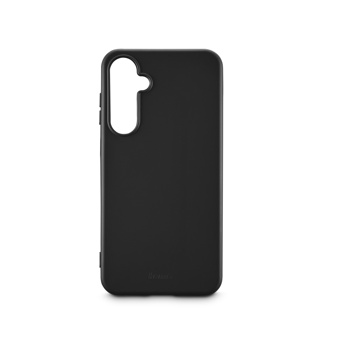 Eine schwarze Smartphone-Hülle mit einem Ausschnitt für die Kamera. Der Markenname ist unten gedruckt.