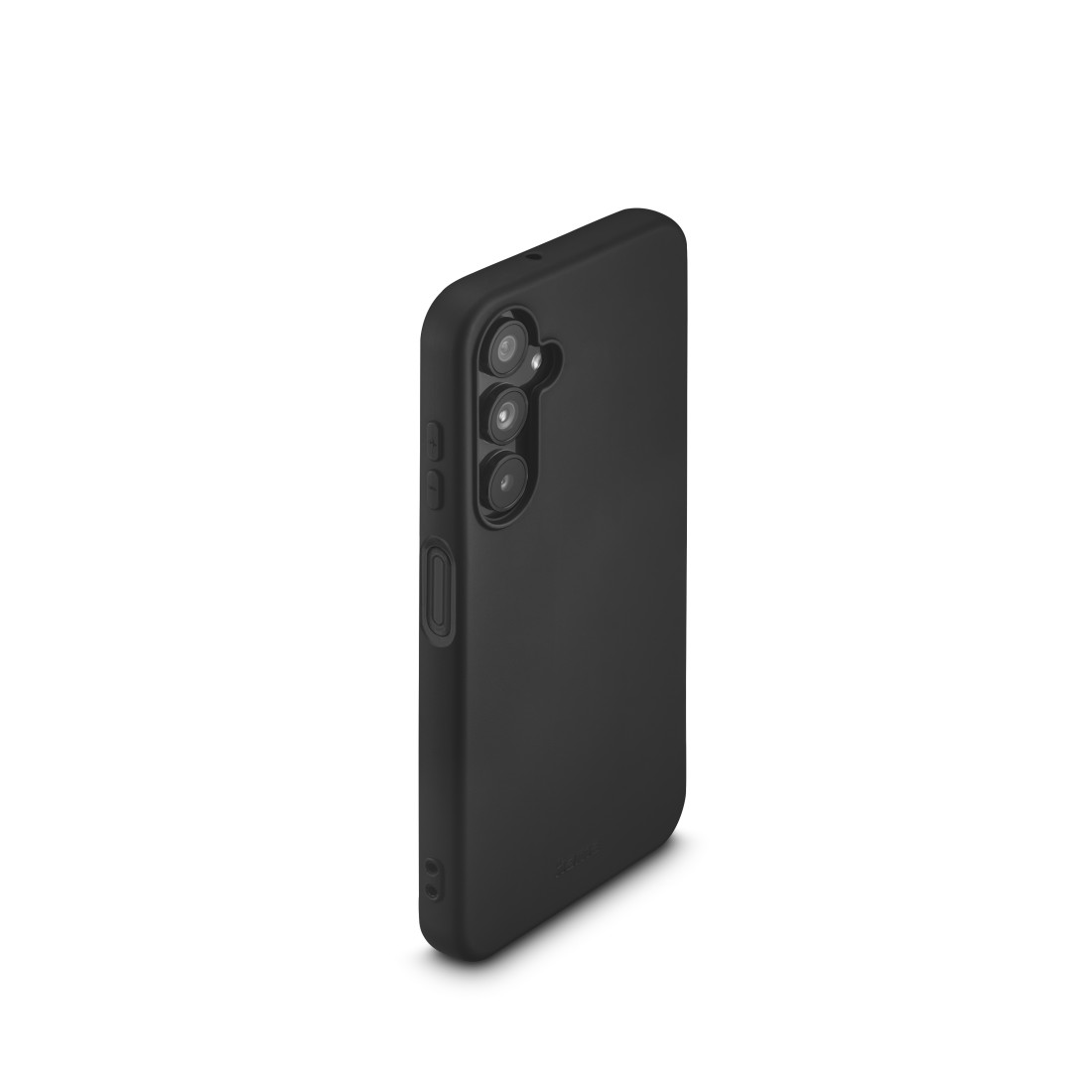 Ein schwarzes Smartphone in einer Hülle, von schräg hinten gesehen.
