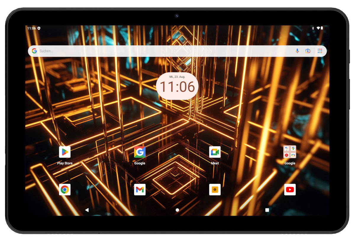 Tablet z ekranem, który pokazuje godzinę i kilka ikon aplikacji na złotym tle.
