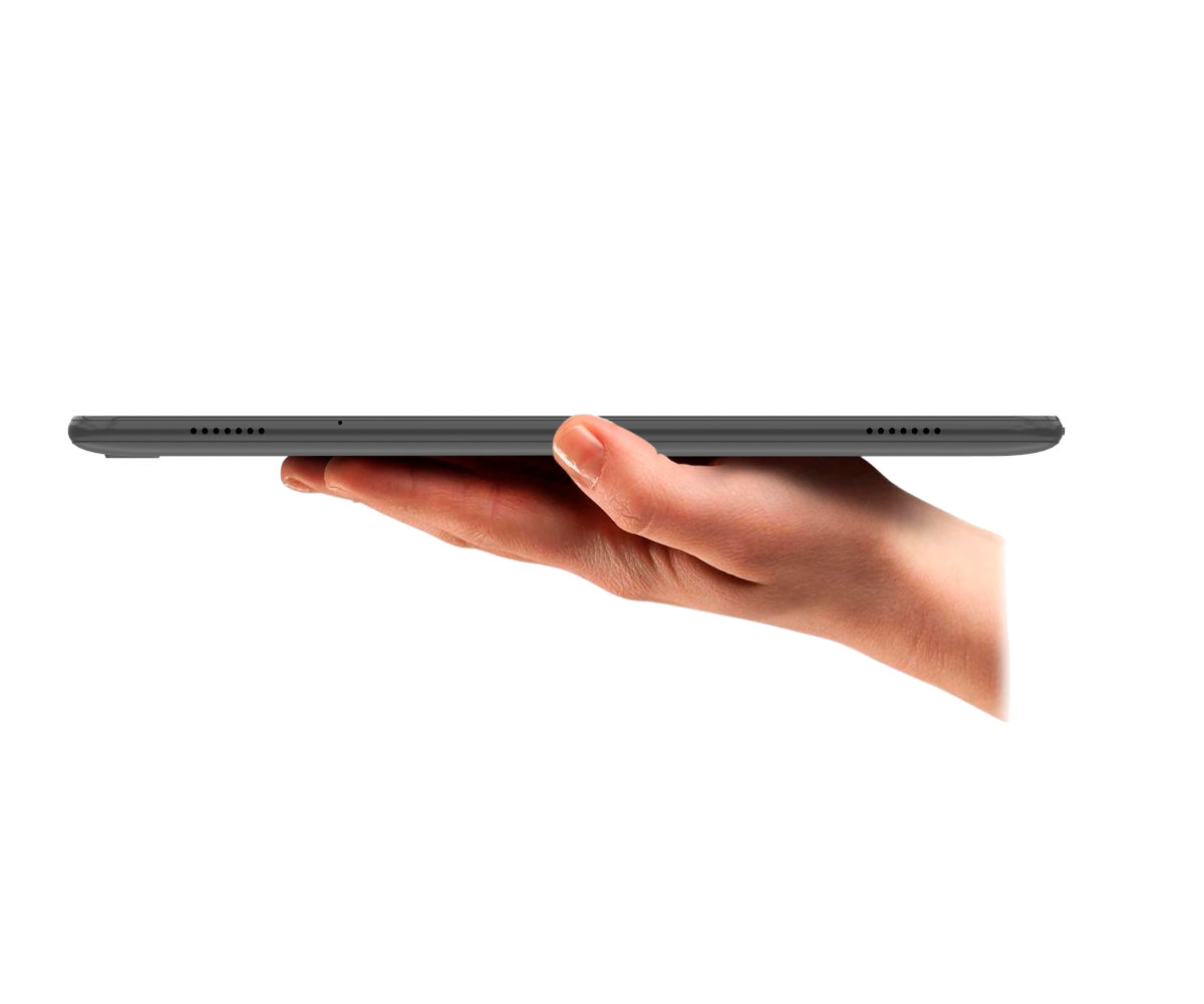 Dłoń trzymająca tablet. Białe tło.