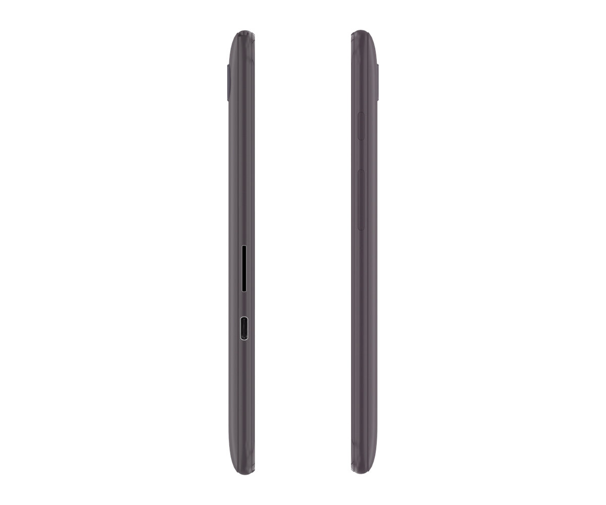 Dwa widoki z boku ciemnoszarego tabletu. Lewa strona pokazuje gniazdo i dwa otwory.