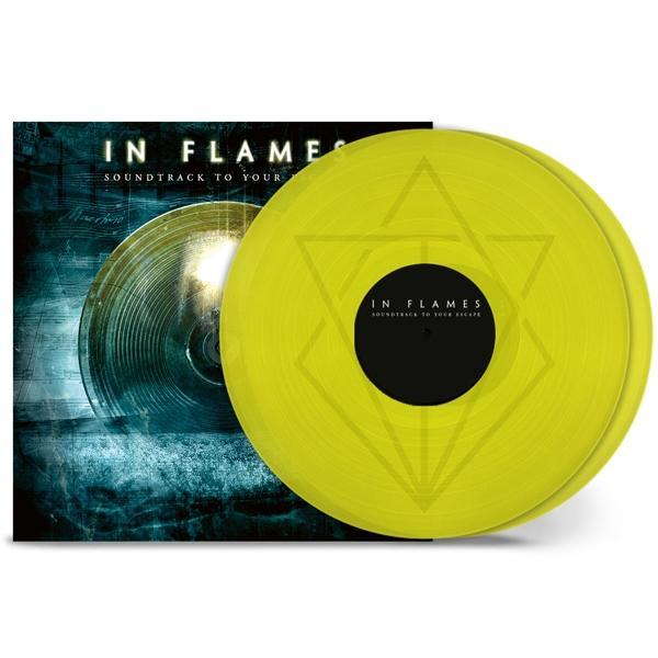 Album borító. Sárga bakelit lemez és album borító In Flames logóval és absztrakt dizájnnal fehér alapon.