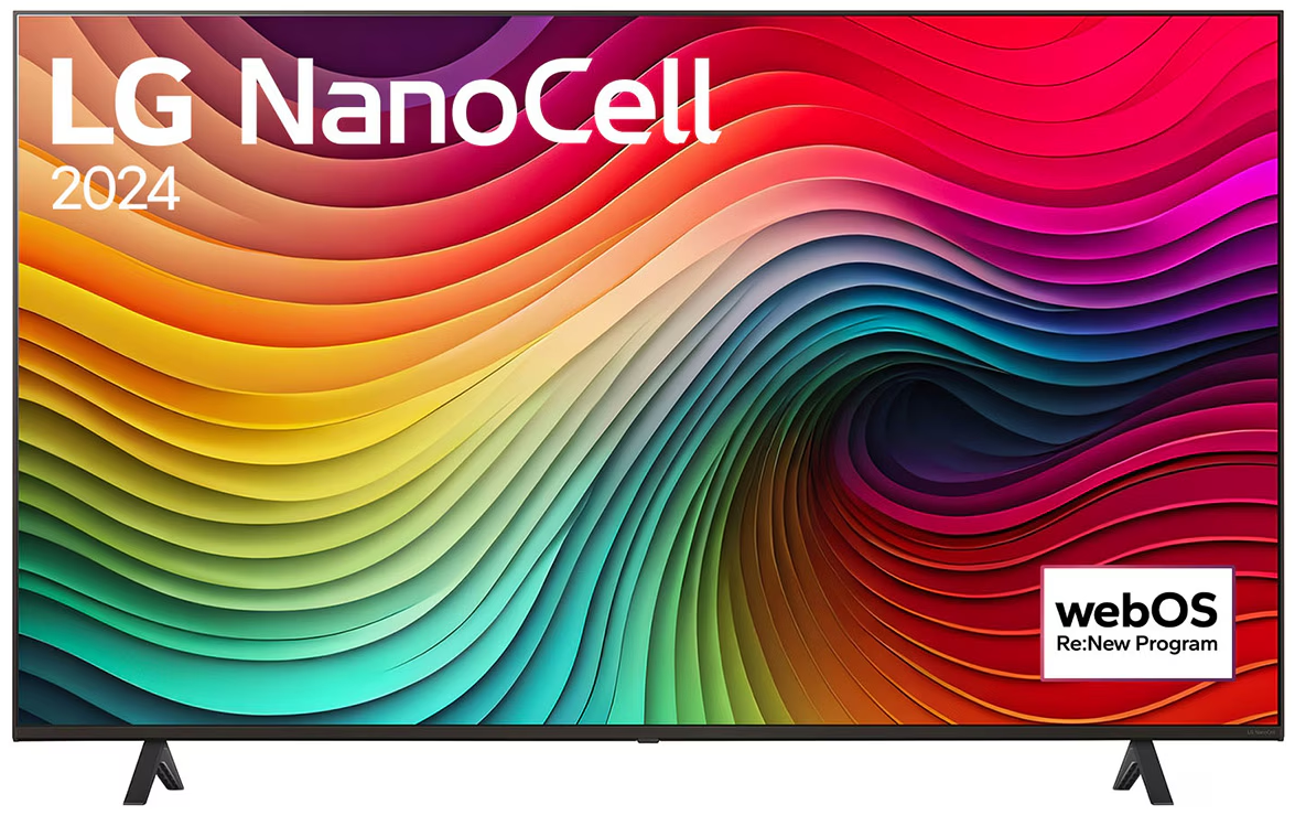 Telewizor LG NanoCell wyświetla żywy, kolorowy abstrakcyjny wzór. Tekst: LG NanoCell 2024, z logo webOS.