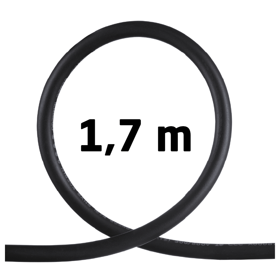 Schwarz, geschlungene Kabel mit "1,7 m" Text vor weißem Hintergrund.
