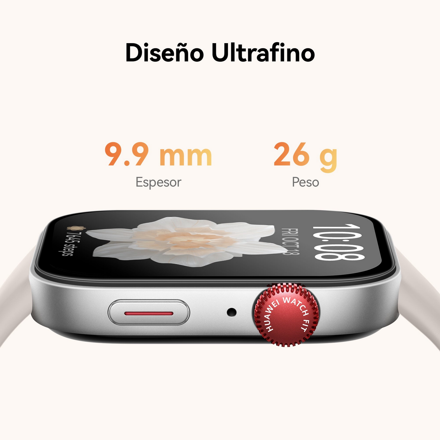 Primer plano de un smartwatch que muestra la hora y los pasos. Tiene un botón rojo y correas blancas.