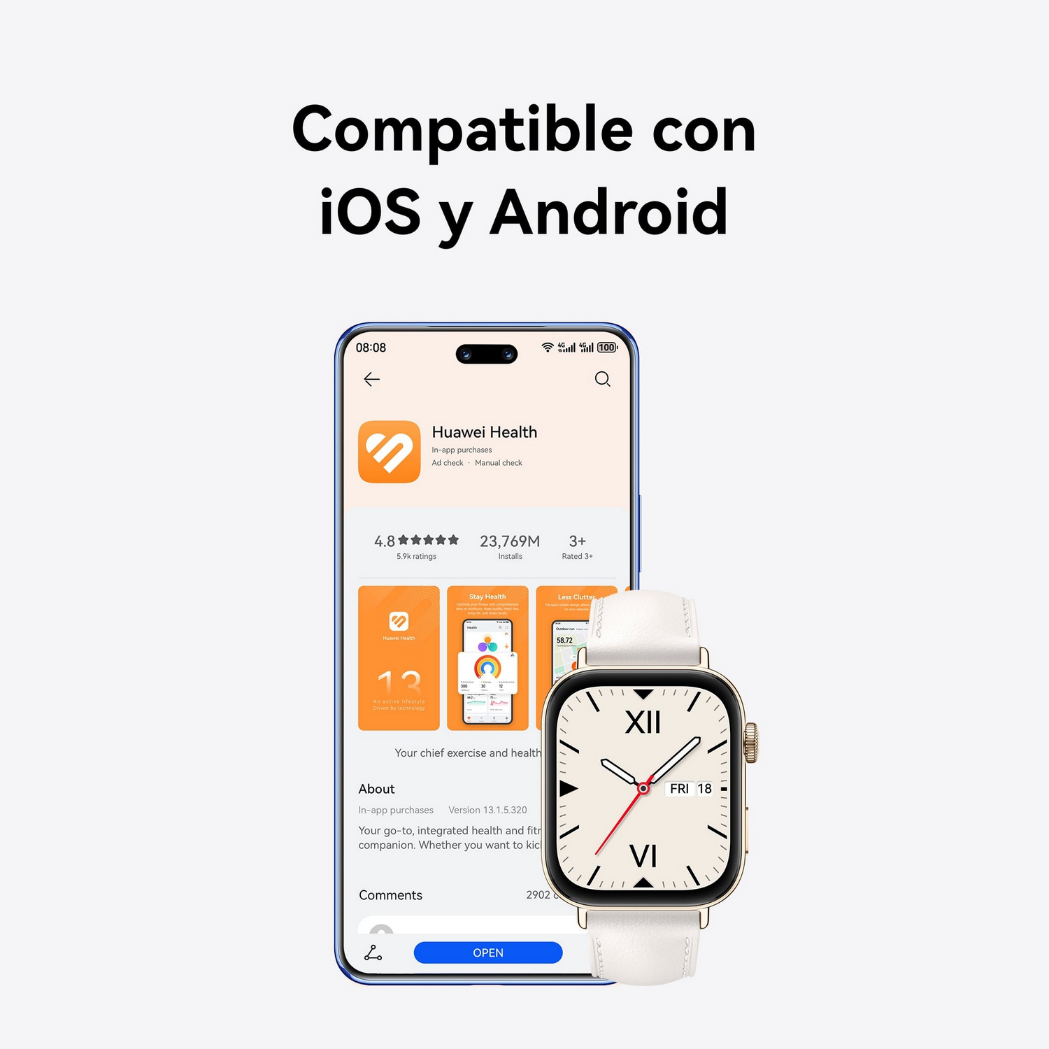 Un smartwatch sobre fondo blanco muestra una pantalla de aplicación móvil, con el texto "Compatible con iOS y Android".