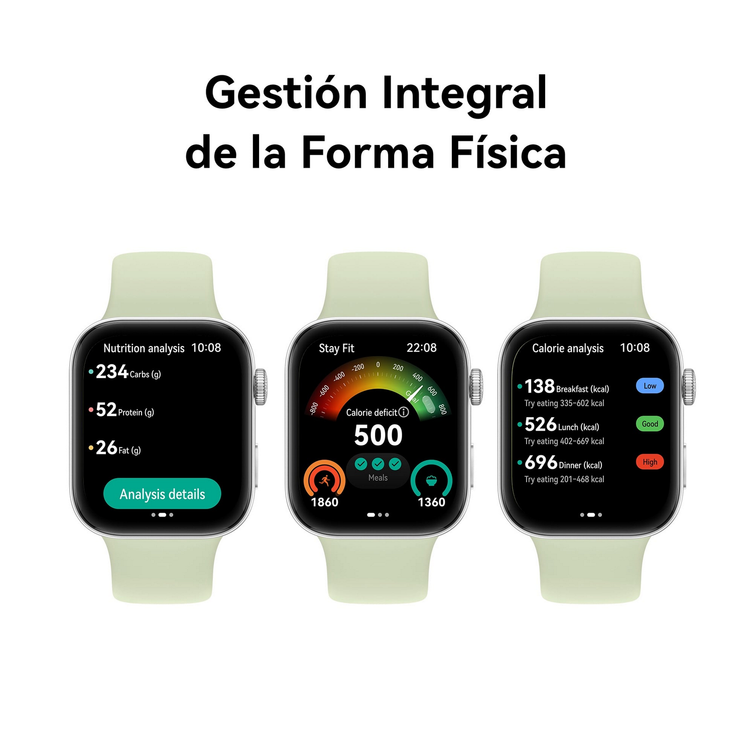 Tres smartwatches mostrando análisis nutricional y de calorías. Texto en español en la parte superior.