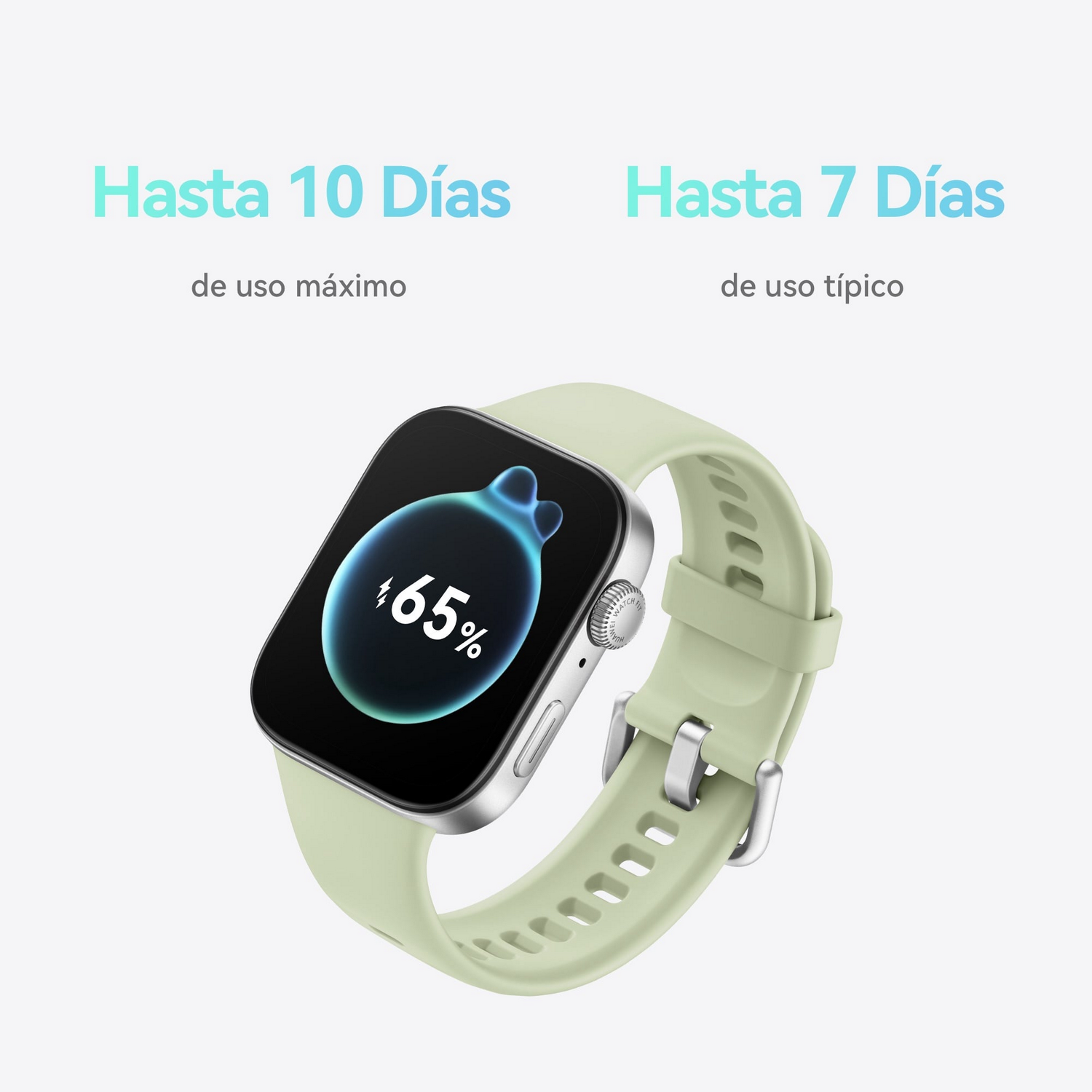 Smartwatch con correa verde claro, mostrando 65% batería. Textos: Hasta 10 Días, Hasta 7 Días.