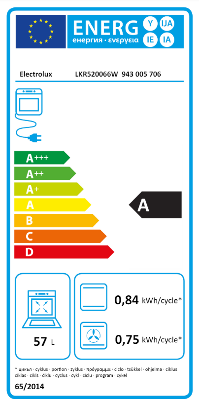 Energia címke egy Electrolux sütőhöz, mely az energiahatékonyságot és fogyasztási adatokat mutatja.