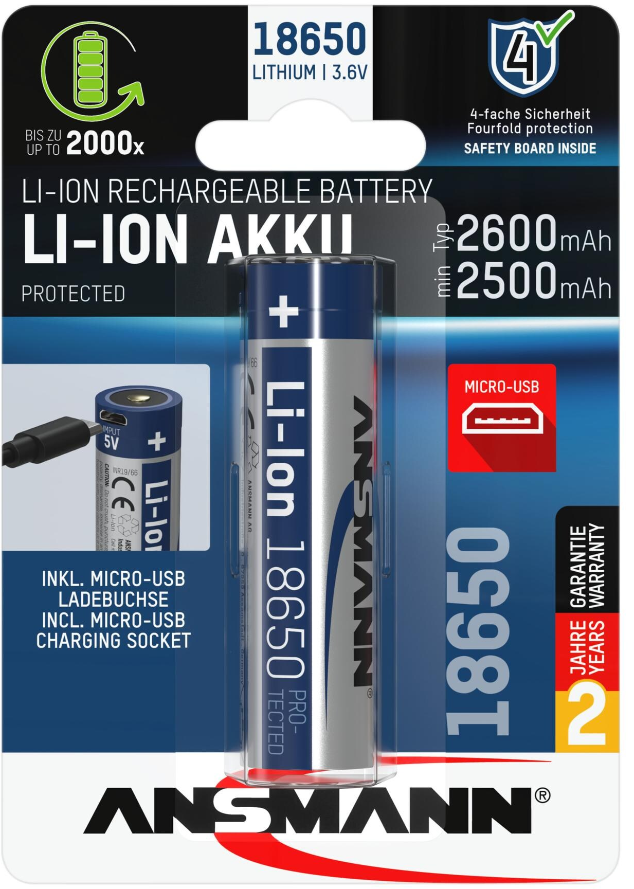 Ansmann Li-Ion Akku-Verpackung mit Details und einer Batterie.