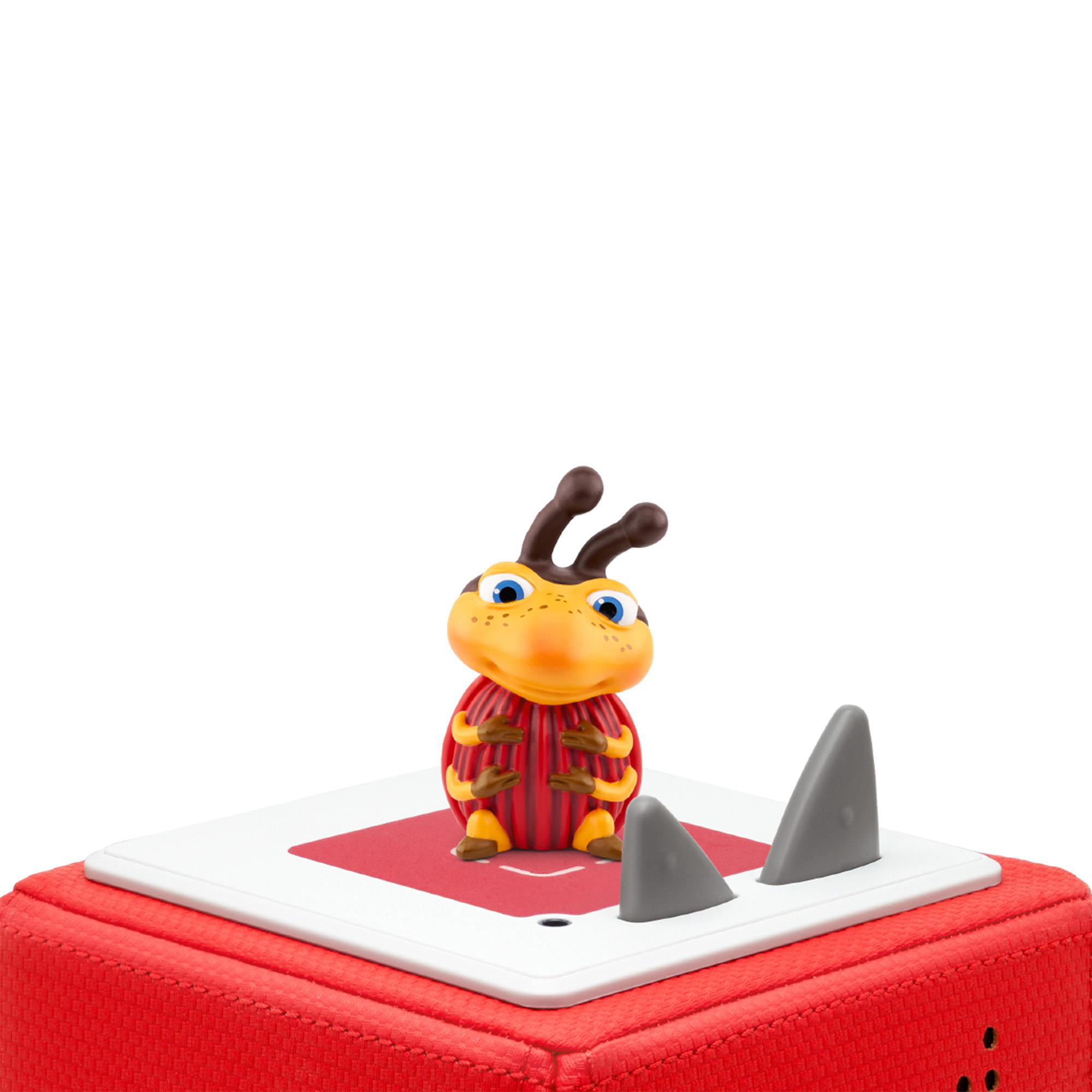 Cartoon-Käfer-Spielzeug auf rot-weißer Basis, weißer Hintergrund.