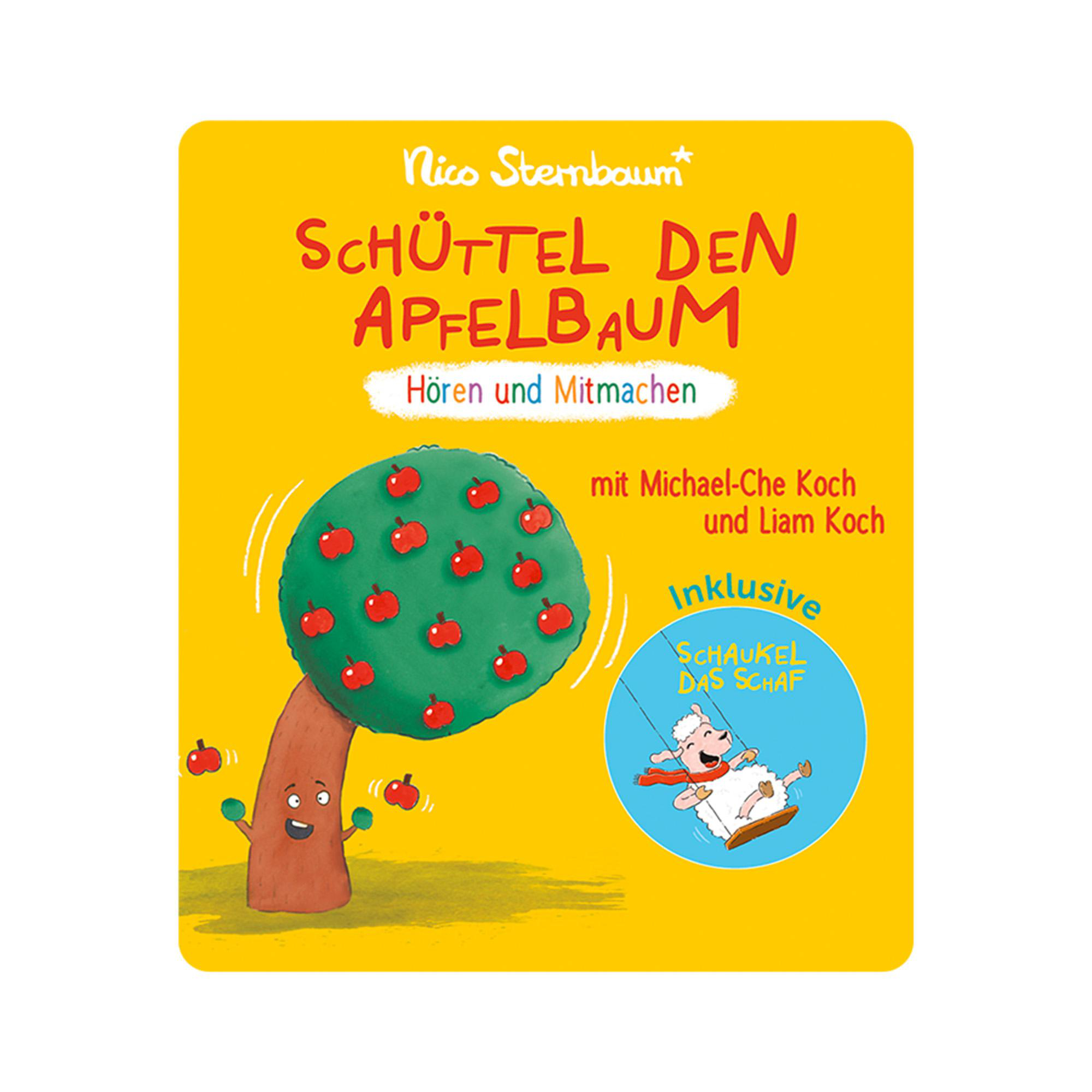 Ein Kinderbuchcover mit einem Apfelbaum mit Äpfeln und einem Schaf auf einer Schaukel.