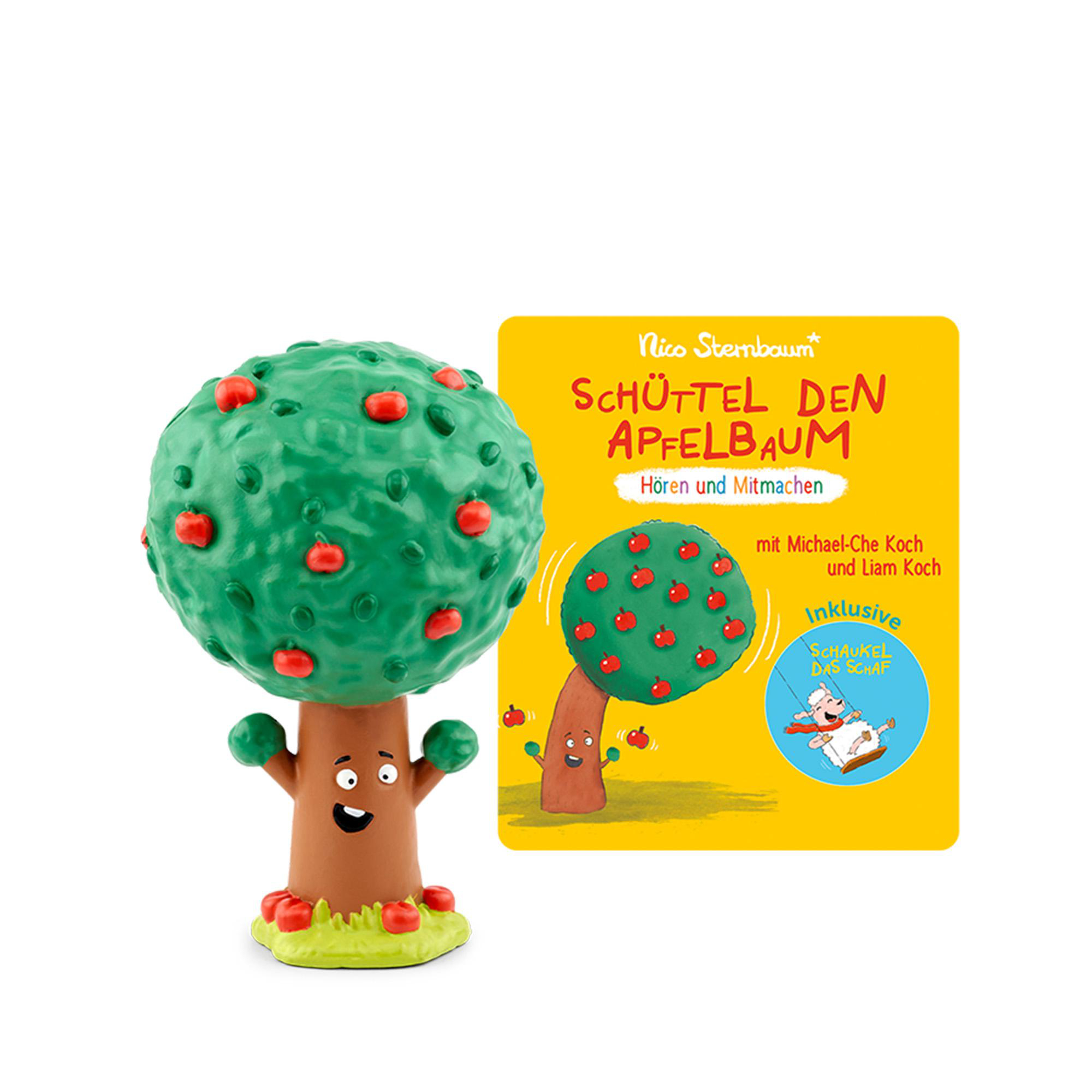Ein Cartoon-Baumspielzeug mit roten Äpfeln, neben einem Buch mit dem Titel 'Schüttel den Apfelbaum'.