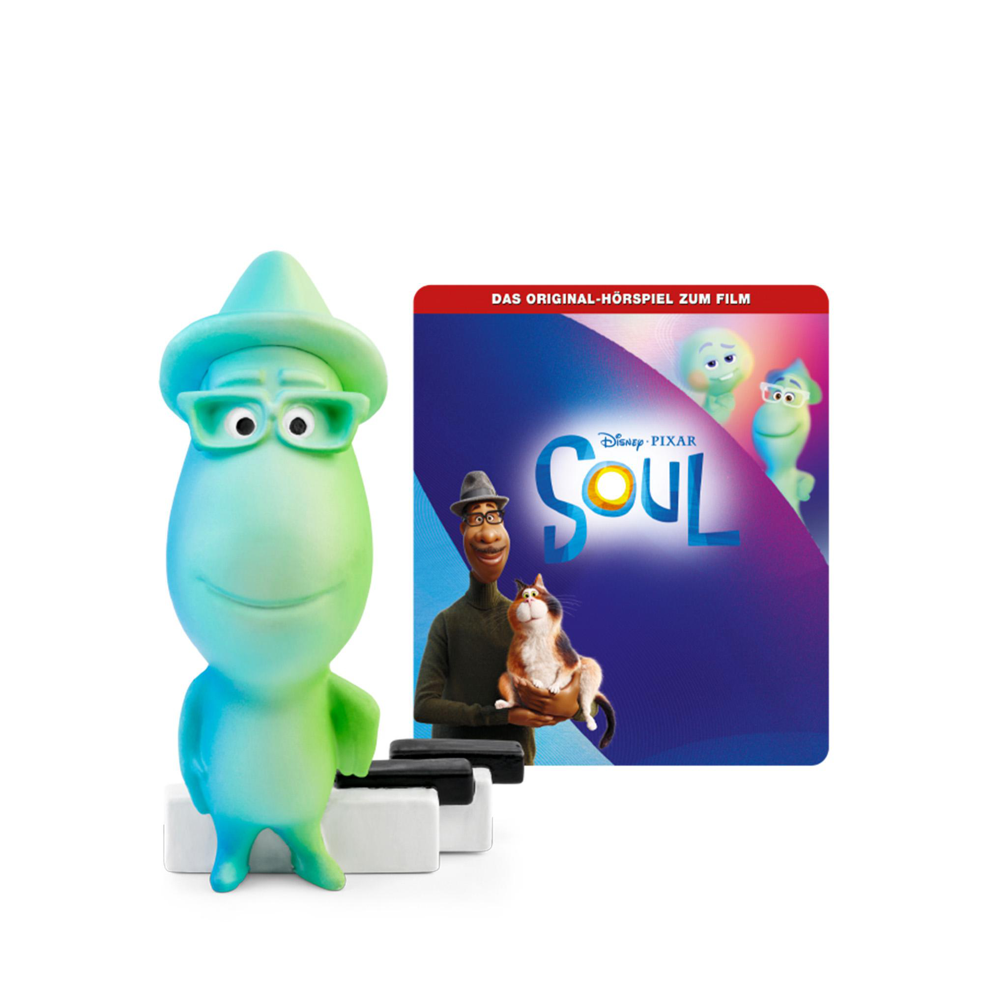 Eine Soul-Spielfigur und eine CD. Die CD zeigt Charaktere aus dem Film Soul.