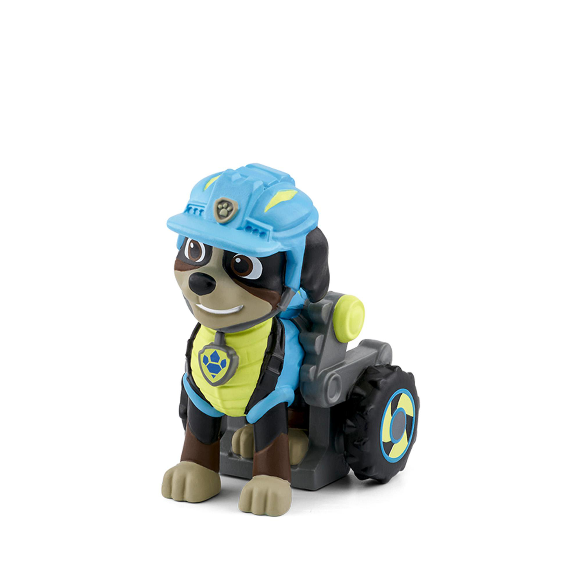 Eine Paw Patrol Figur, ein Hund mit blauem Helm und Weste, auf weißem Hintergrund.