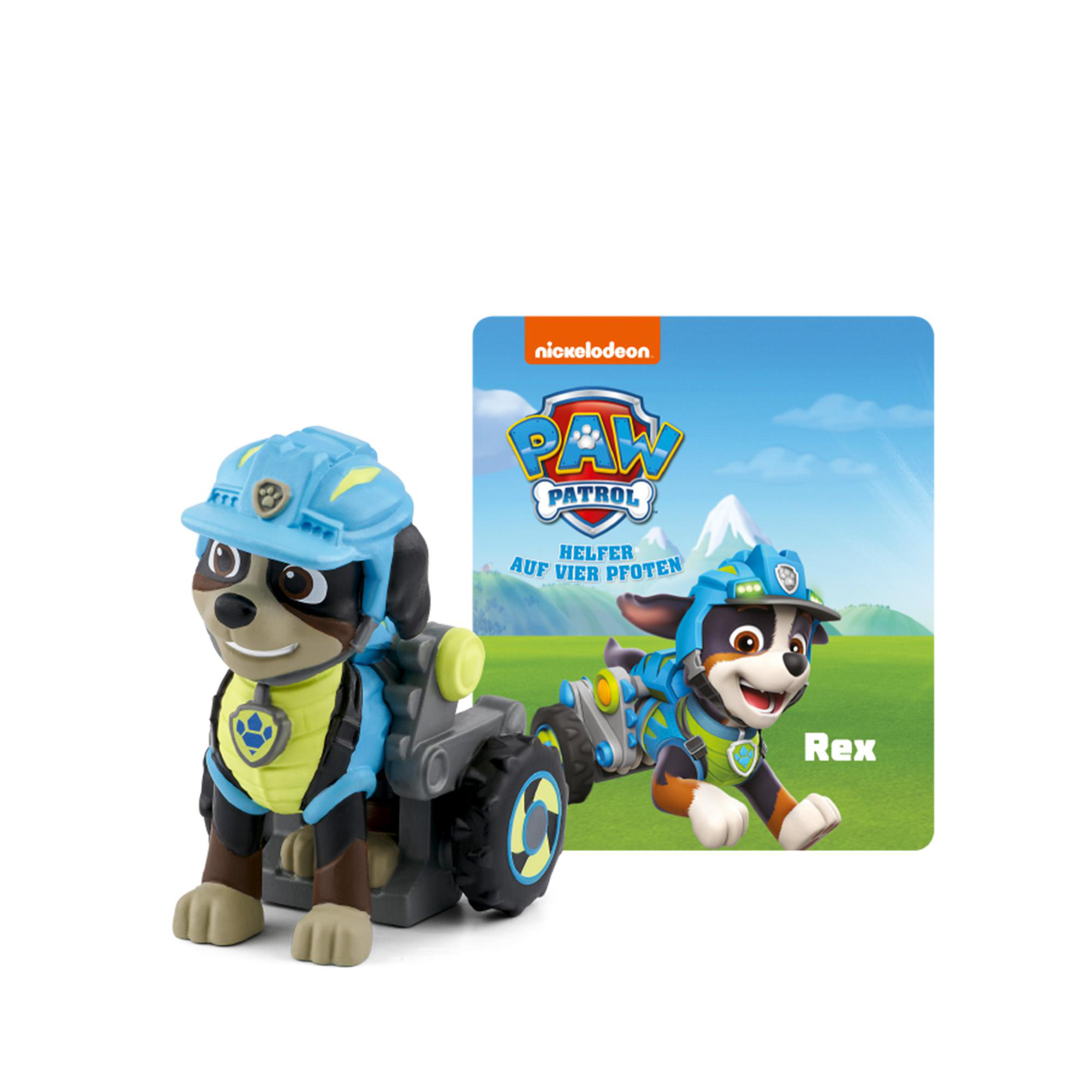 Spielzeug-Hund mit blauem Helm und Karte mit einem anderen Hund im selben Outfit.