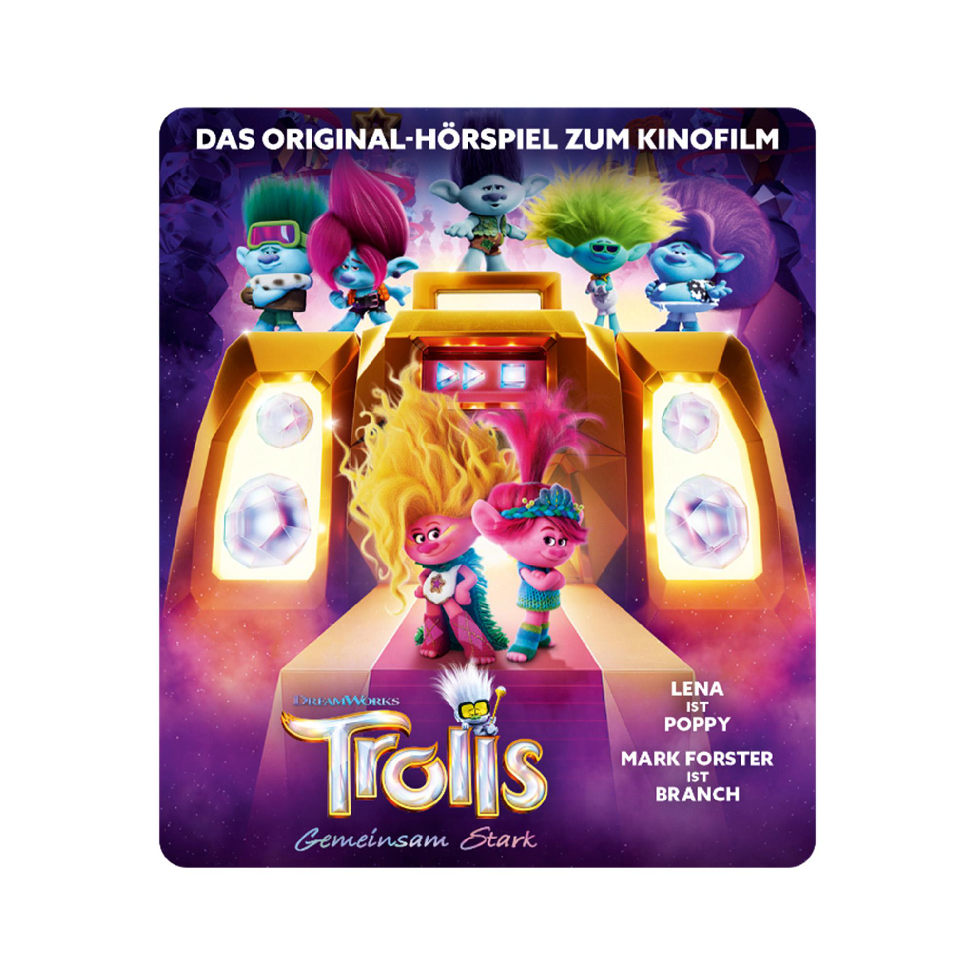 Cover-Art für den Trolls-Soundtrack. Das Bild zeigt Trolls-Charaktere und Lautsprecher mit Text an der Seite.