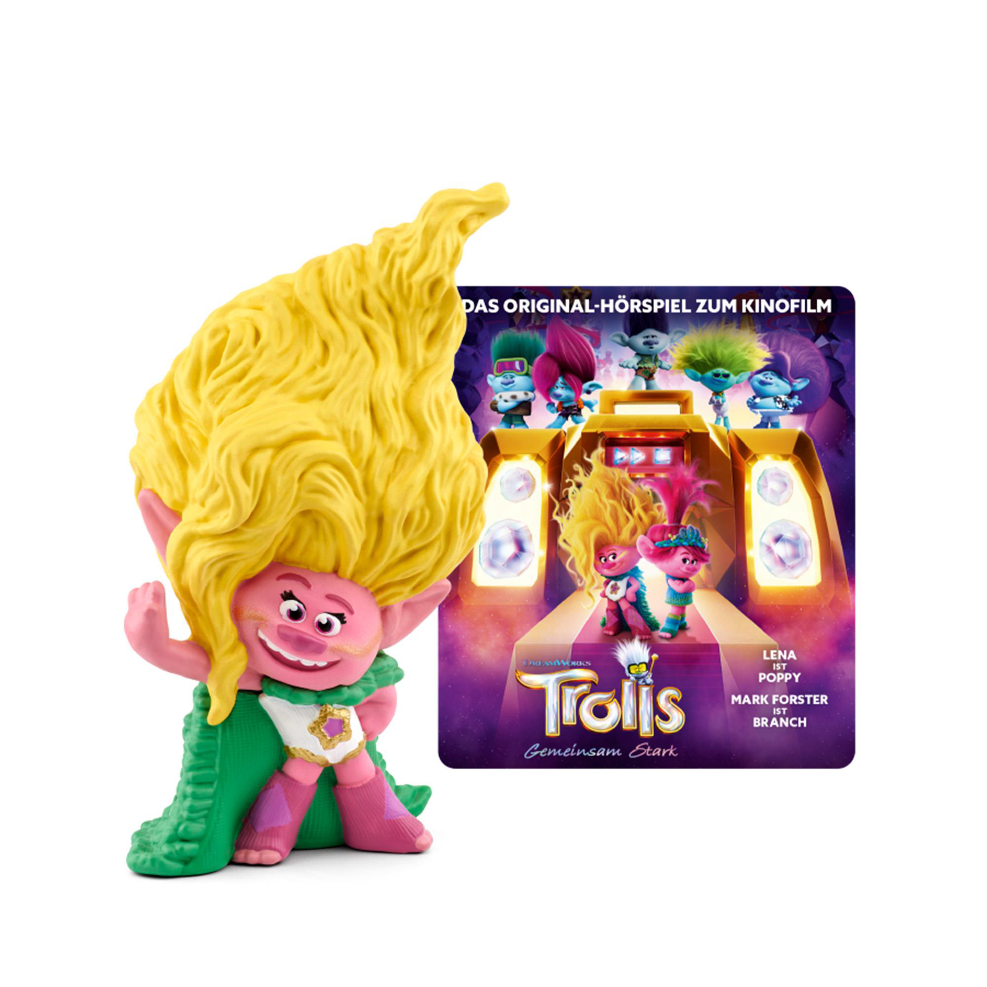 Trolls-Spielzeugfigur mit gelben Haaren und grünem Umhang. Ein Filmplakat im Hintergrund.