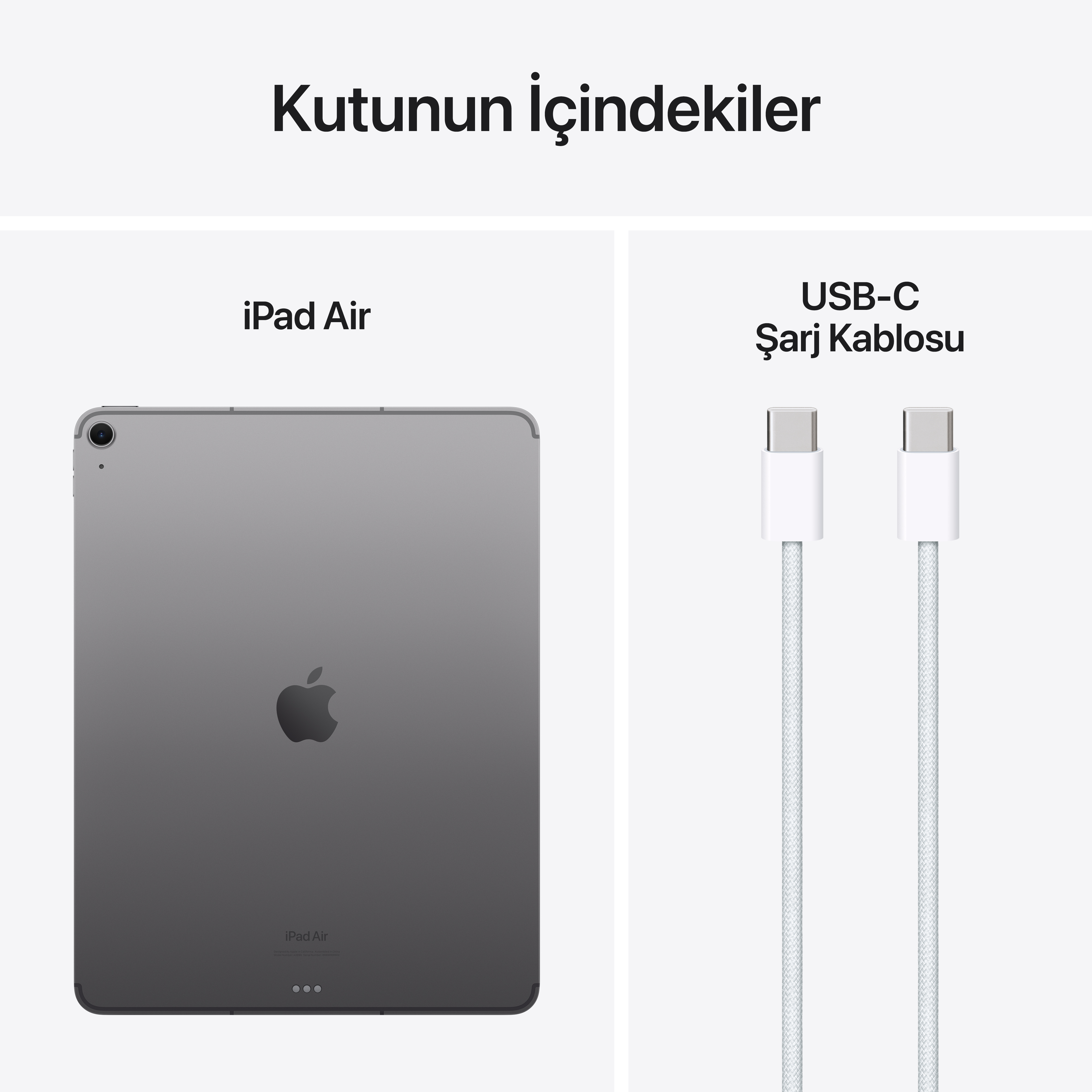 iPad Air ve USB-C şarj kablosu. Her iki ürün de beyaz zemin üzerinde.