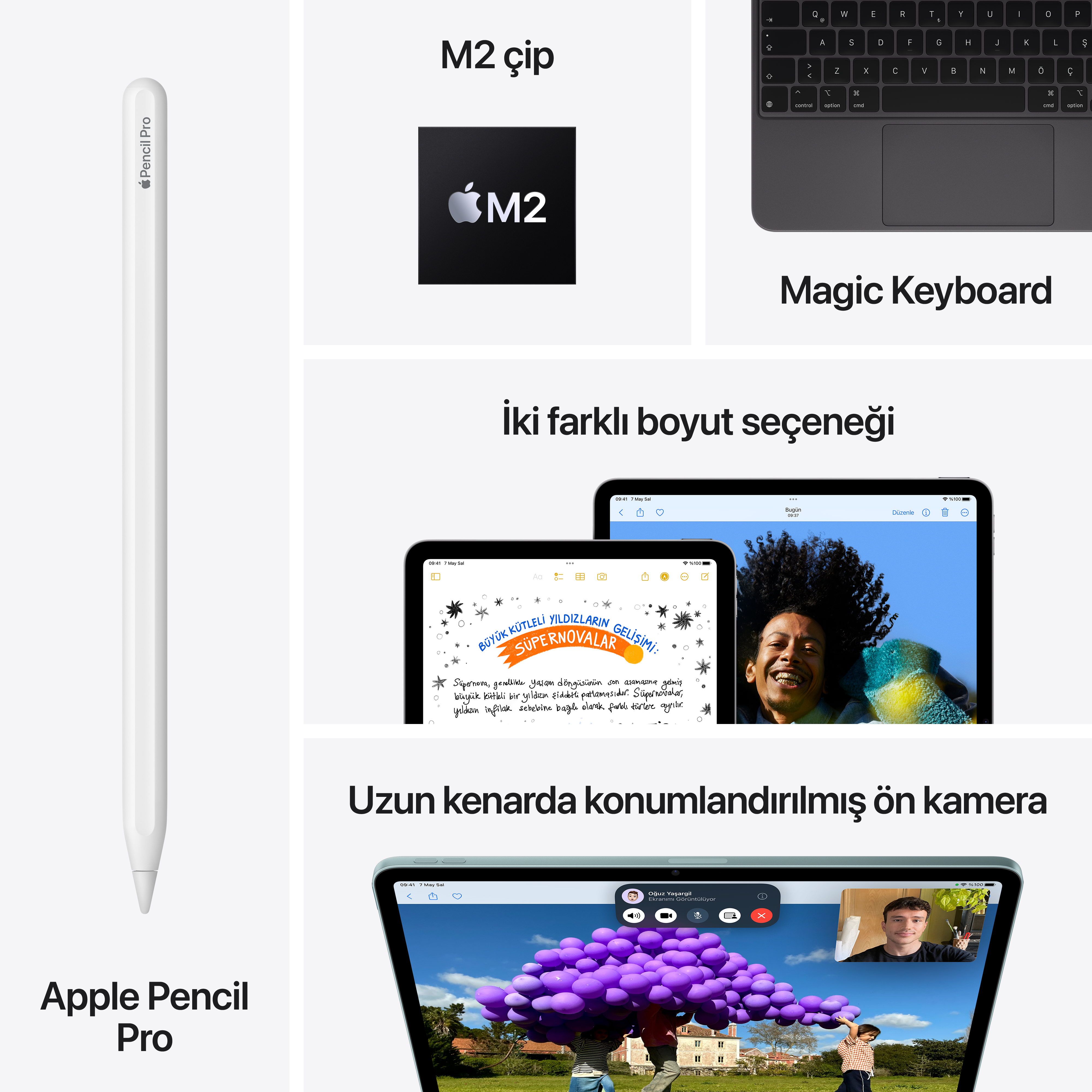 iPad, Apple Pencil ve Magic Keyboard içeren resim. Özellikleri ve seçenekleri gösterir.