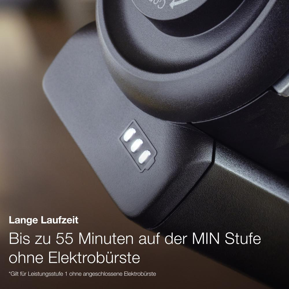 Nahaufnahme eines Geräts mit Batteriestandsanzeige. Text über Laufzeit.
