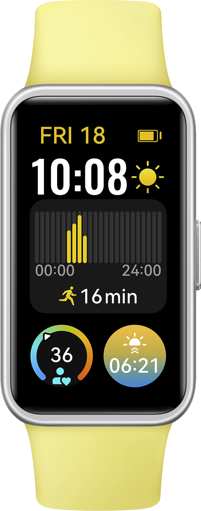Eine gelbe Smartwatch mit digitaler Anzeige, die Zeit- und Aktivitätsdaten anzeigt.