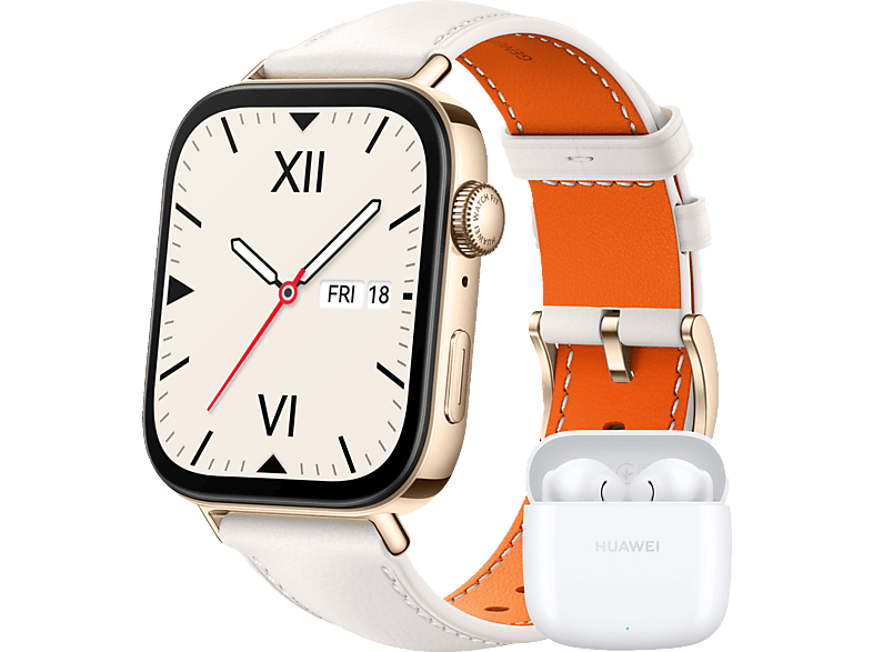 HUAWEI FIT 3 + Freebuds SE 2 (weiß) Smartwatches Aluminiumlegierung Lederarmband, 120 – 190 mm, Weiß/Gold